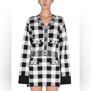 Self-Portrait Monochrome Check Wool And Cotton Knit Cardigan